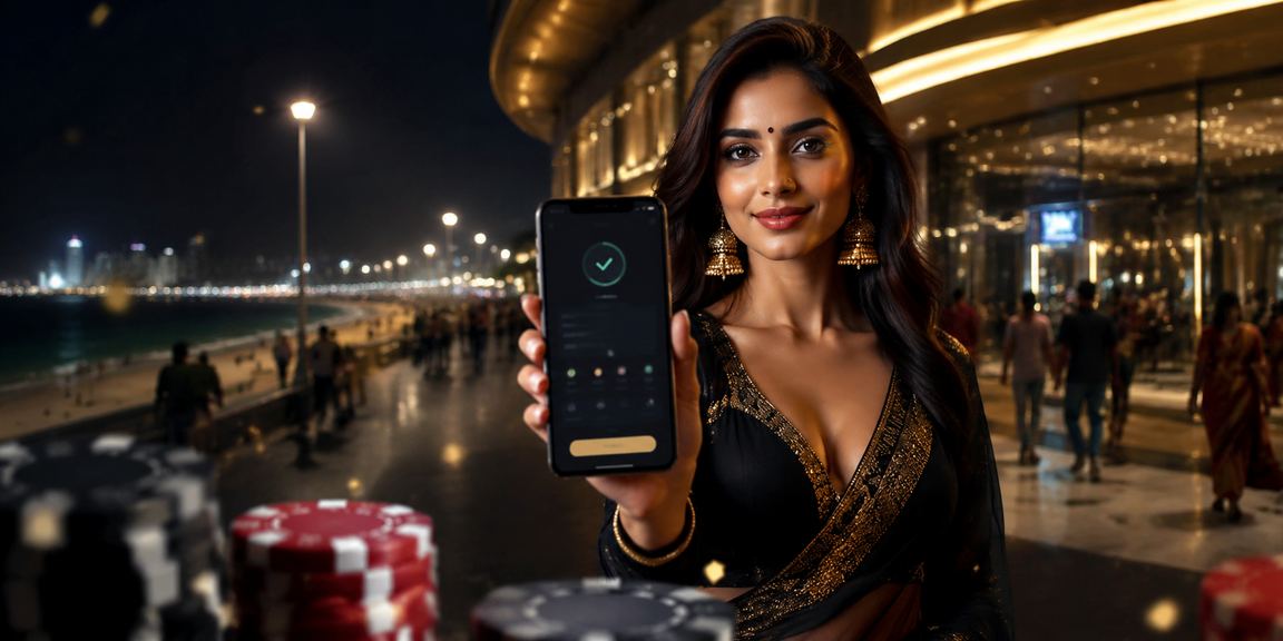 Indian woman enjoying 7474 promotions via mobile device at Chennai Marina Beach